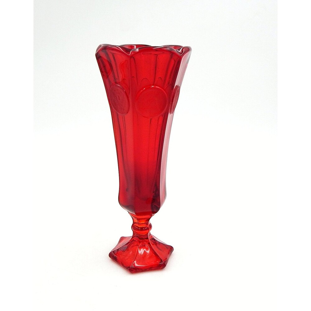 Fostoria Frosted Coin Pattern Glass Ruby Red Vase 8 Inch Tall Paneled